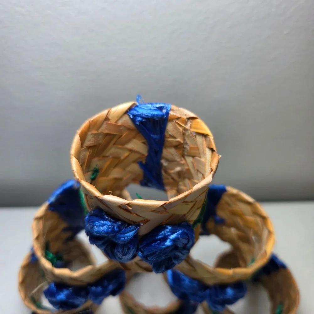 Vintage‎ Rattan Wicker Flower Napkin Rings Blue Hawaii Style Set of 6